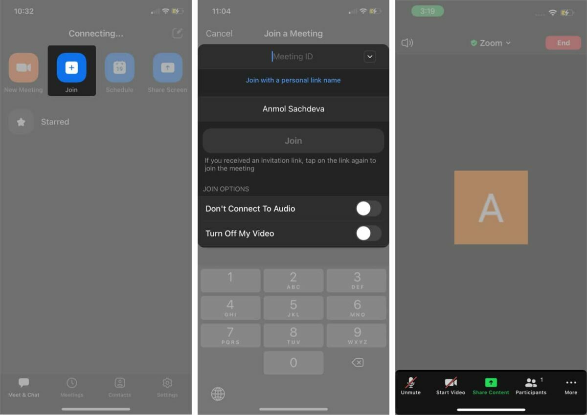 انضم إلى اجتماع باستخدام معرف الاجتماع في تطبيق زووم iOS