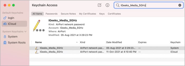 اكتب اسم شبكة واي فاي في مربع البحث في Keychain Access على نظام ماك