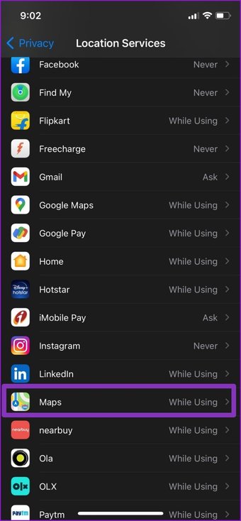 إعدادات الموقع في خرائط جوجل على جوال آي فون