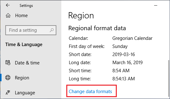 Change Data Formats option on ويندوز Time & Language screen