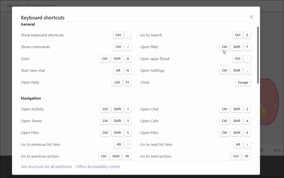 اختصارات لوحة المفاتيح لوحة بيضاء Microsoft Teams