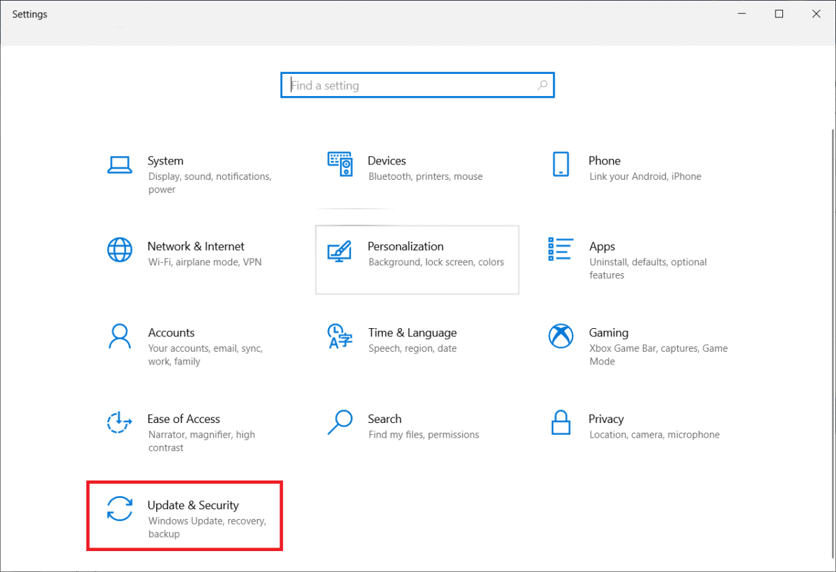 انقر فوق التحديث والأمان