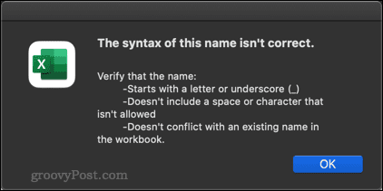 خطأ في اسم الجدول في اكسل لنظام التشغيل mac