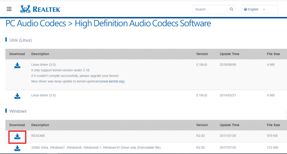 إصلاح عدم فتح برنامج Realtek Audio Manager 67 افتح الموقع الرسمي لبرامج ترميز Realtek High Definition Codecs وانقر على زر تنزيل