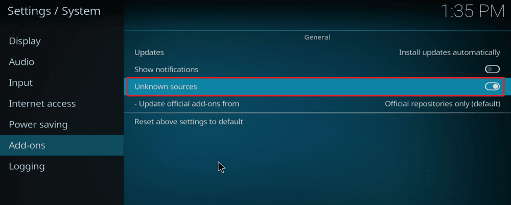 بدّل شريط التمرير الموجود بجوار مصادر غير معروفة إلى تشغيل. طريقة تثبيت SuperRepo على Kodi