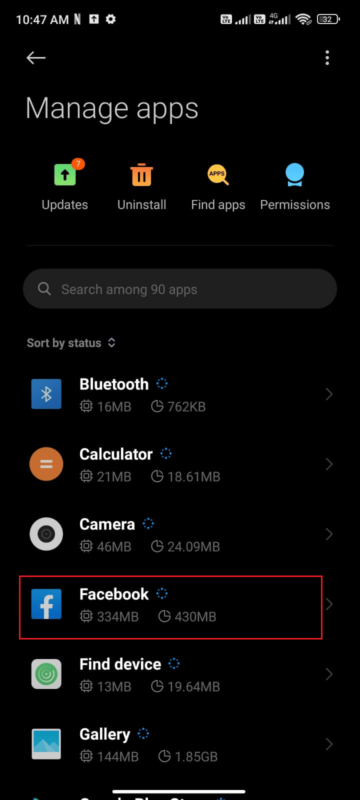 اضغط على إدارة التطبيقات ثم فيسبوك. إصلاح خطأ انتهاء جلسة فيسبوك