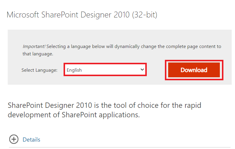 الصفحة الرسمية لـ Microsoft SharePoint Designer 2010. حدد اللغة الإنجليزية وتنزيلها