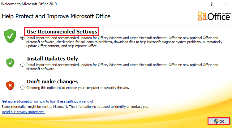 طريقة تنزيل برنامج مايكروسوفت أوفيس Picture Manager 32 حدد استخدام الإعدادات الموصى
بها وانقر على موافق للمتابعة