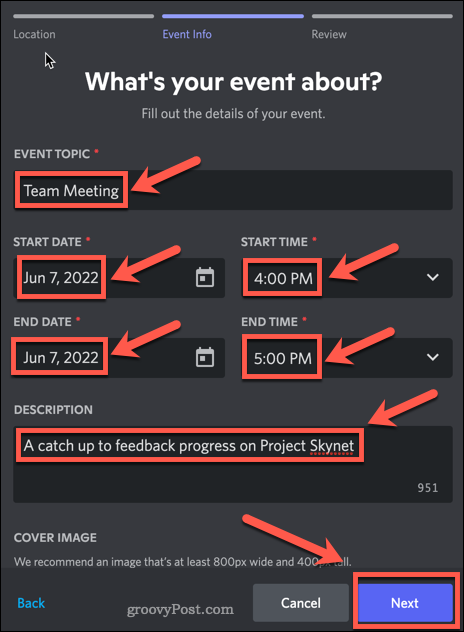 Creating a Discord event in a text channel