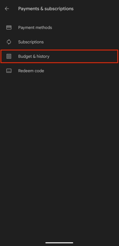 كيفية عرض سجل الشراء على متجر Google Play 2 selecting budget & history under play store settings