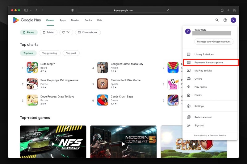 كيفية عرض سجل الشراء على متجر Google Play 3 google play website account settings