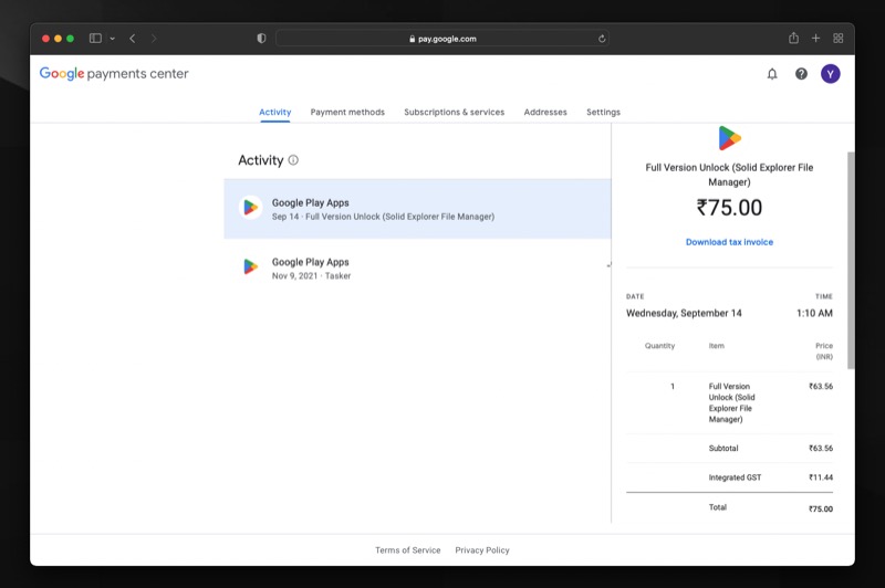 كيفية عرض سجل الشراء على متجر Google Play 5 rax invoice download option in google pay
