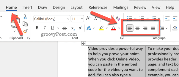 Set text alignment in Word