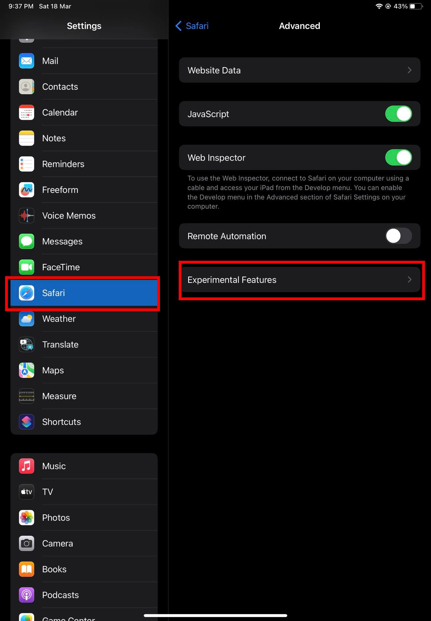 Experimental Features of Safari Menu
