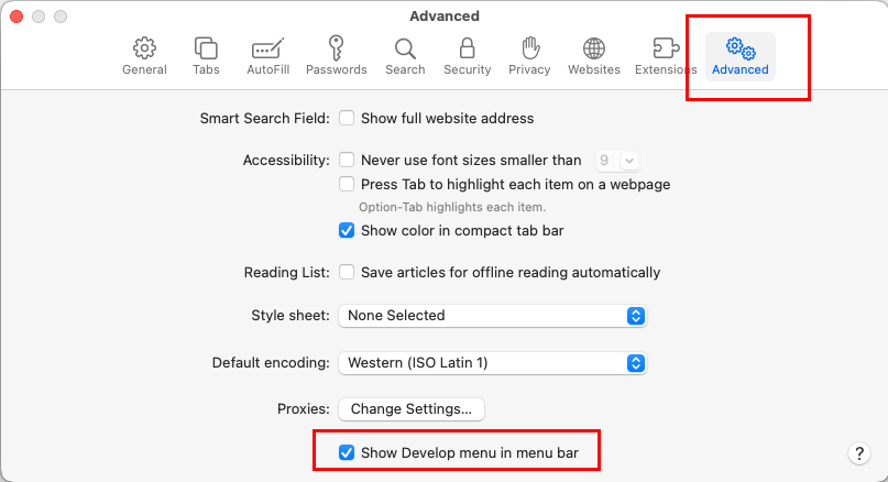 Show develop menu in menu bar